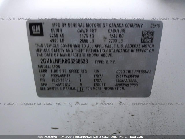 2GKALMEK8G6338538 - 2016 GMC TERRAIN SLE WHITE photo 9