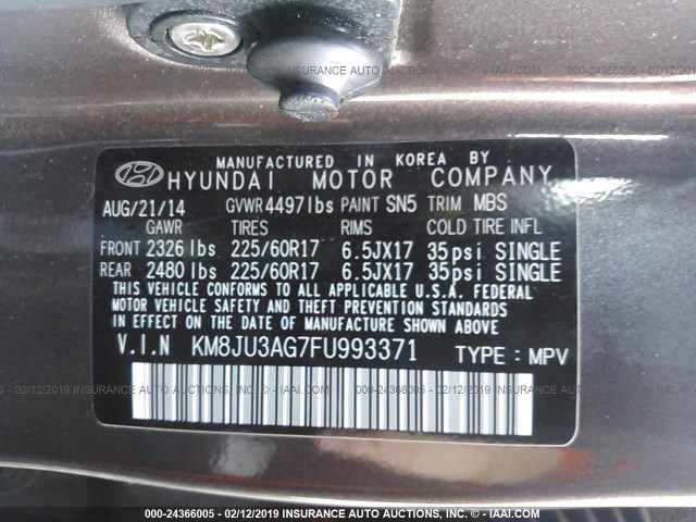 KM8JU3AG7FU993371 - 2015 HYUNDAI TUCSON LIMITED/SE BROWN photo 9