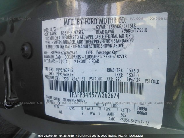 1FAFP34N57W362674 - 2007 FORD FOCUS ZX4/S/SE/SES GRAY photo 9