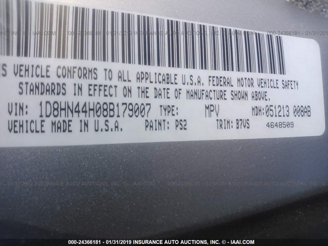 1D8HN44H08B179007 - 2008 DODGE GRAND CARAVAN SE SILVER photo 9