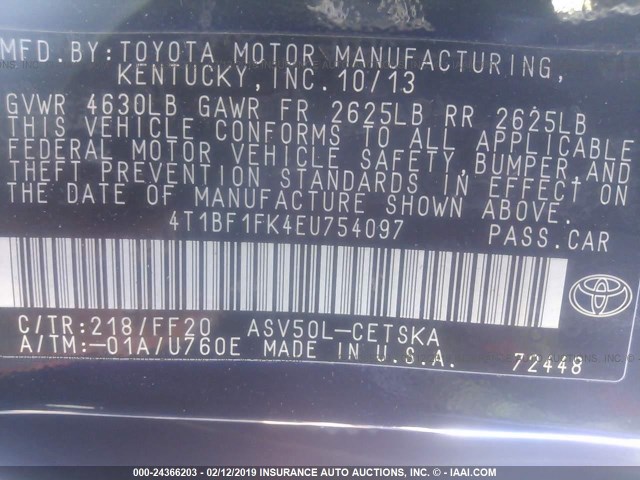 4T1BF1FK4EU754097 - 2014 TOYOTA CAMRY L/SE/LE/XLE Qara foto 9