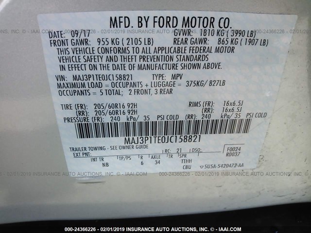 MAJ3P1TE0JC158821 - 2018 FORD ECOSPORT SE SILVER photo 9