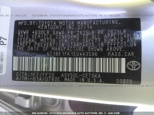 4T1BF1FK1EU443596 - 2014 TOYOTA CAMRY L/SE/LE/XLE 银色 照片 9