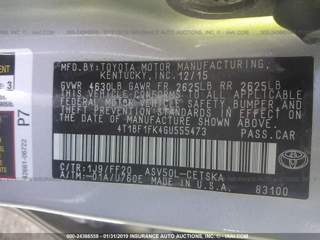 4T1BF1FK4GU555473 - 2016 TOYOTA CAMRY LE/XLE/SE/XSE SILVER photo 9