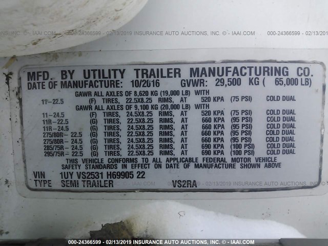 1UYVS2531H6990522 - 2017 UTILITY TRAILER MFG REEFER  Unknown photo 9