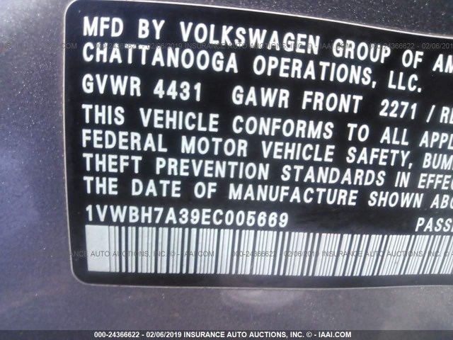 1VWBH7A39EC005669 - 2014 VOLKSWAGEN PASSAT SE GRAY photo 9