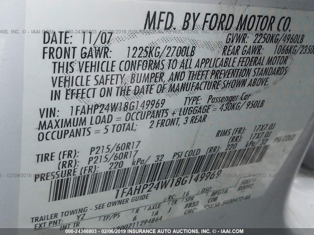 1FAHP24W18G149969 - 2008 FORD TAURUS SEL WHITE photo 9