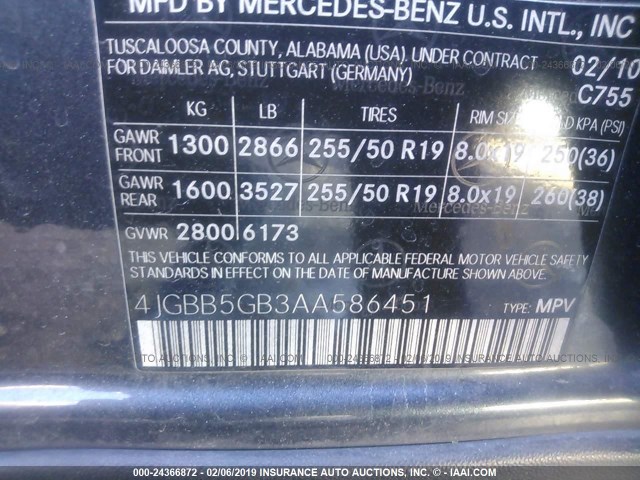 4JGBB5GB3AA586451 - 2010 MERCEDES-BENZ ML 350 GRAY photo 9