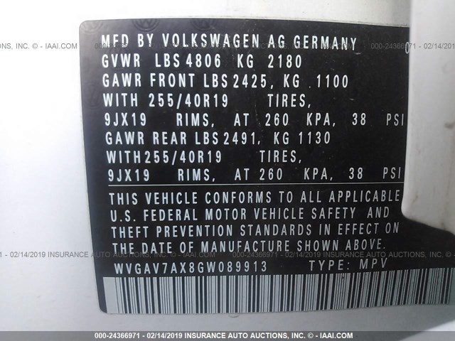 WVGAV7AX8GW089913 - 2016 VOLKSWAGEN TIGUAN S/SE/SEL/R-LINE WHITE photo 9