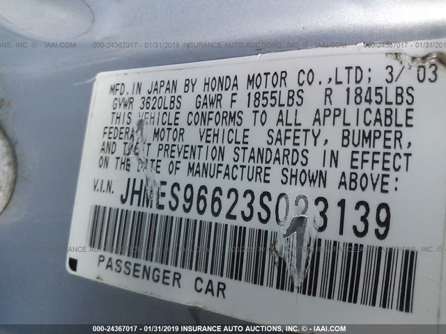 JHMES96623S023139 - 2003 HONDA CIVIC HYBRID SILVER photo 9