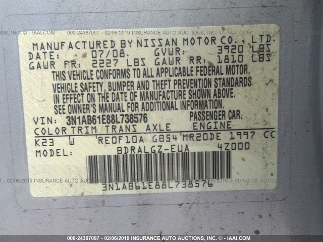 3N1AB61E88L738576 - 2008 NISSAN SENTRA 2.0/2.0S/2.0SL SILVER photo 9