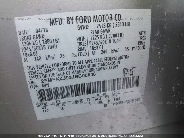 2FMPK4J93JBC05806 - 2018 FORD EDGE SEL SILVER photo 9