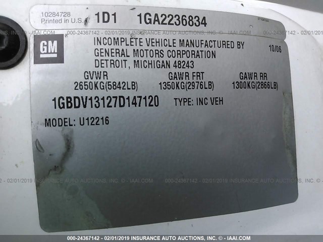 1GBDV13127D147120 - 2007 CHEVROLET UPLANDER INCOMPLETE WHITE photo 9