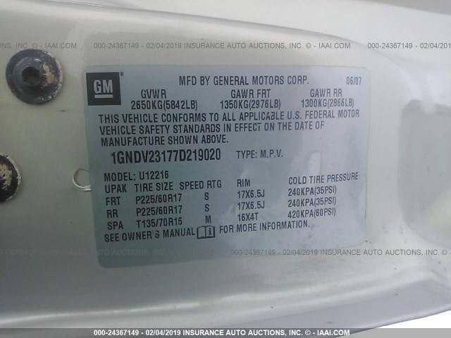 1GNDV23177D219020 - 2007 CHEVROLET UPLANDER LS 金色 照片 9