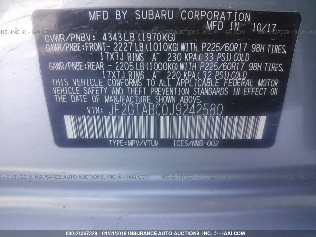 JF2GTABC0J9242580 - 2018 SUBARU CROSSTREK PREMIUM Күміс фото 9