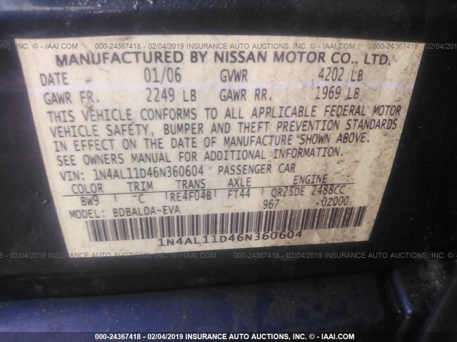 1N4AL11D46N360604 - 2006 NISSAN ALTIMA S/SL BLUE photo 9