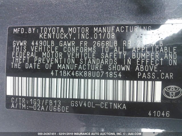 4T1BK46K88U071854 - 2008 TOYOTA CAMRY LE/XLE/SE GRAY photo 9