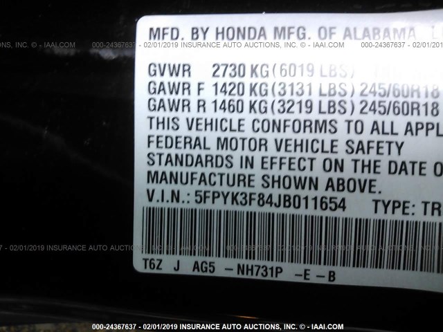 5FPYK3F84JB011654 - 2018 HONDA RIDGELINE BLACK EDITION BLACK photo 9