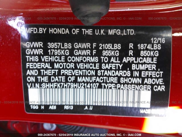 SHHFK7H79HU214107 - 2017 HONDA CIVIC EXL RED photo 9