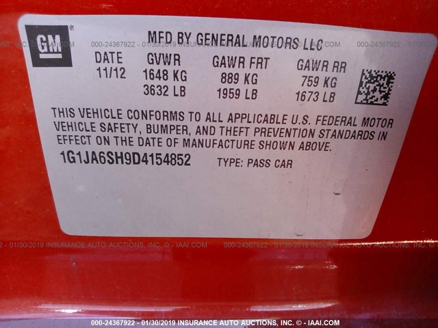 1G1JA6SH9D4154852 - 2013 CHEVROLET SONIC LS 橙色 照片 9