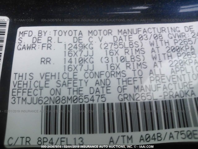 3TMJU62N08M065475 - 2008 TOYOTA TACOMA DOUBLE CAB PRERUNNER BLUE photo 9