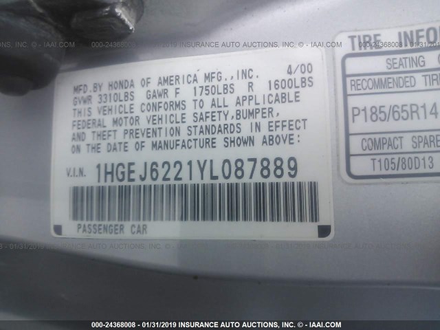 1HGEJ6221YL087889 - 2000 HONDA CIVIC DX SILVER photo 9