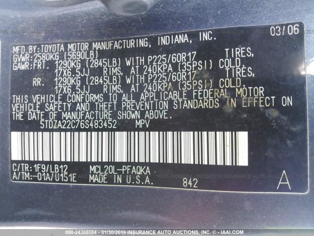 5TDZA22C76S483452 - 2006 TOYOTA SIENNA XLE/XLE LIMITED GRAY photo 9