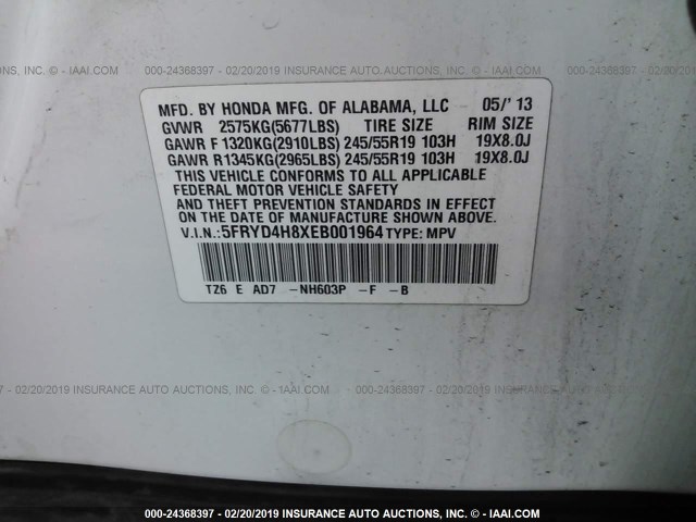 5FRYD4H8XEB001964 - 2014 ACURA MDX ADVANCE WHITE photo 9