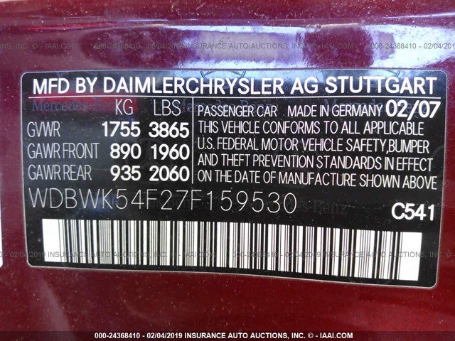 WDBWK54F27F159530 - 2007 MERCEDES-BENZ SLK 280 RED photo 9