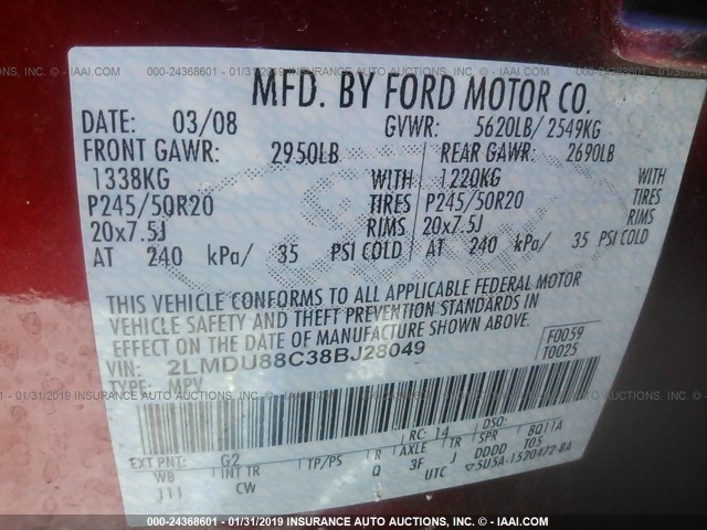 2LMDU88C38BJ28049 - 2008 LINCOLN MKX RED photo 9