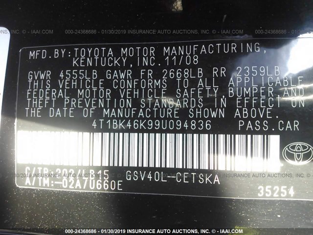 4T1BK46K99U094836 - 2009 TOYOTA CAMRY SE/LE/XLE BLACK photo 9