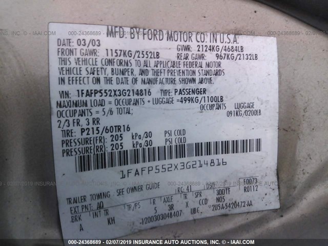 1FAFP552X3G214816 - 2003 FORD TAURUS SES TAN photo 9