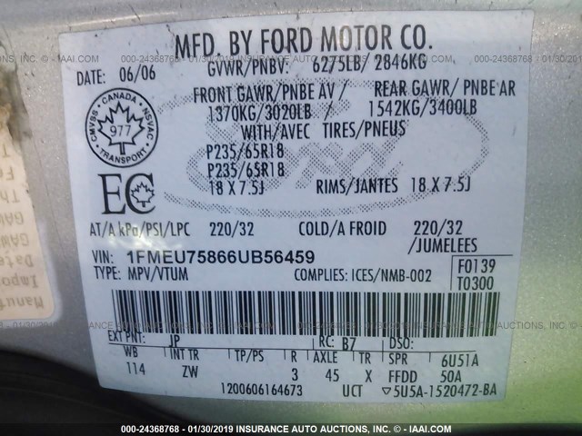 1FMEU75866UB56459 - 2006 FORD EXPLORER LIMITED SILVER photo 9
