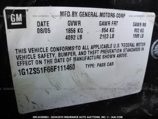 1G1ZS51F66F111460 - 2006 CHEVROLET MALIBU LS Dark Blue photo 9