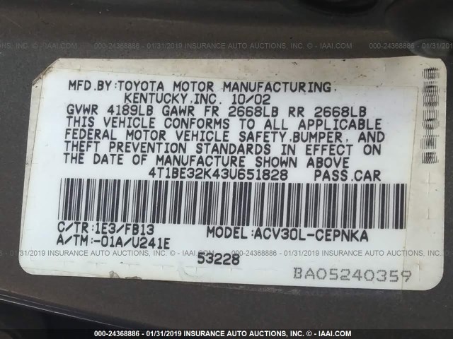 4T1BE32K43U651828 - 2003 TOYOTA CAMRY LE/XLE/SE GRAY photo 9