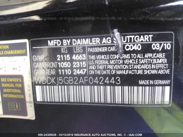 WDDKJ5GB2AF042443 - 2010 MERCEDES-BENZ E 350 BLACK photo 9