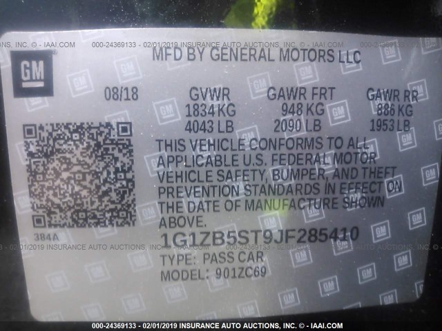 1G1ZB5ST9JF285410 - 2018 CHEVROLET MALIBU LS BLACK photo 9