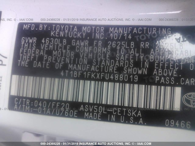 4T1BF1FKXFU488019 - 2015 TOYOTA CAMRY LE/XLE/SE/XSE WHITE photo 9