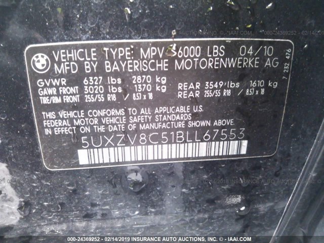 5UXZV8C51BLL67553 - 2011 BMW X5 XDRIVE50I BLACK photo 9