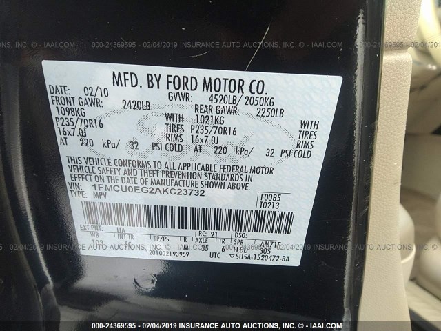 1FMCU0EG2AKC23732 - 2010 FORD ESCAPE LIMITED BLACK photo 9