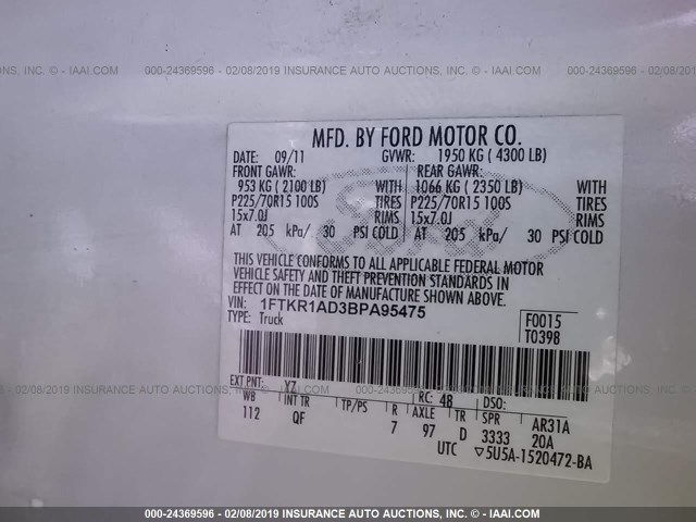 1FTKR1AD3BPA95475 - 2011 FORD RANGER WHITE photo 9