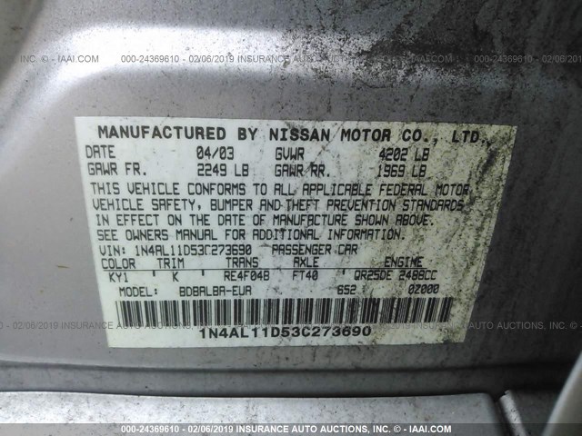 1N4AL11D53C273690 - 2003 NISSAN ALTIMA S/SL SILVER photo 9