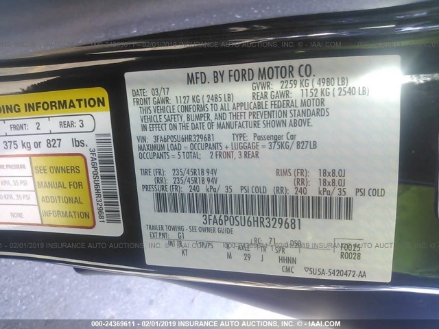 3FA6P0SU6HR329681 - 2017 FORD FUSION TITANIUM PHEV BLACK photo 9