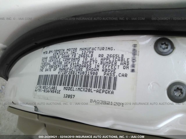 4T1BF28B1YU031900 - 2000 TOYOTA AVALON WHITE photo 9