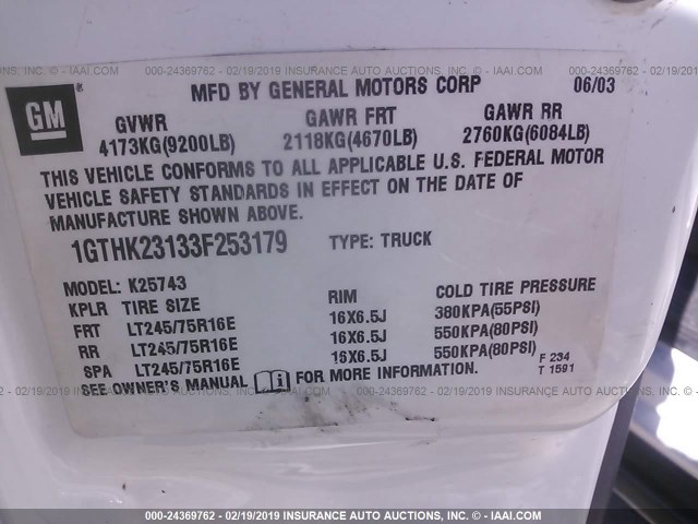 1GTHK23133F253179 - 2003 GMC SIERRA K2500 HEAVY DUTY WHITE photo 9