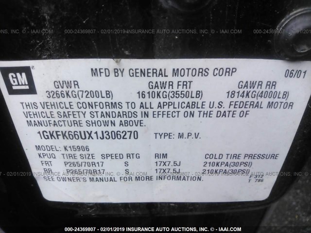 1GKFK66UX1J306270 - 2001 GMC DENALI XL K1500 BLACK photo 9