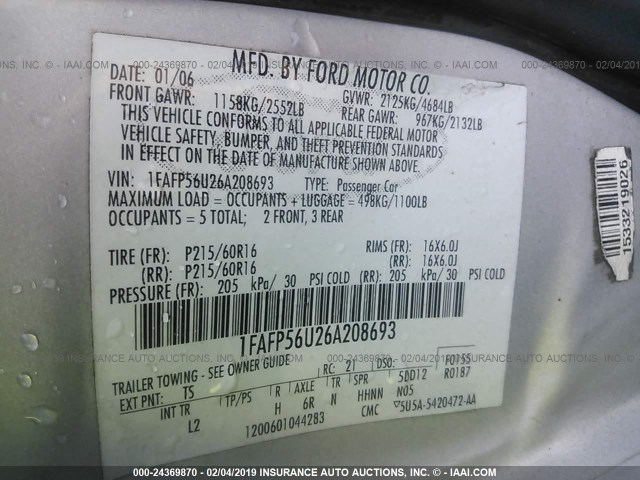 1FAFP56U26A208693 - 2006 FORD TAURUS SEL SILVER photo 9