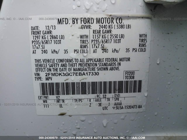 2FMDK3GC7EBA17330 - 2014 FORD EDGE SE WHITE photo 9