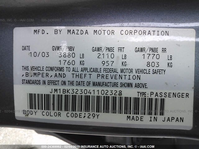 JM1BK323041102328 - 2004 MAZDA 3 S GRAY photo 9