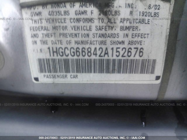 1HGCG66842A152676 - 2002 HONDA ACCORD EX/SE SILVER photo 9